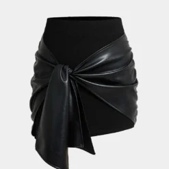 Patchwork Faux Leather Tie Front Mini Skirt