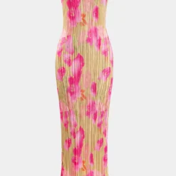 Floral Print Pleated Tie Back Strapless Maxi Dress