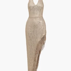 Backless Fringe Sequin Midi Dress