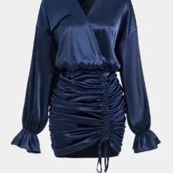 Satin Ruched Drawstring Pocket Long Sleeve Mini Dress
