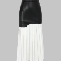 Contrast Pleated Faux Leather Midi Skirt
