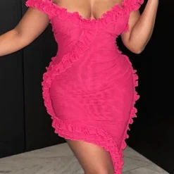 Sheer Mesh Ruffle Trim Asymmetrical Cross Backless Mini Dress