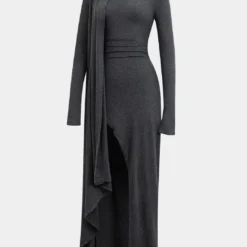 Mock Neck Wrap Ruched Long Sleeve Slit Maxi Dress -Women's Clothing Store a7fe66f5 1ed6 448a a3c3 3a5a216ac308