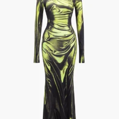 Illusion Pattern Print Long-Sleeve Maxi Dress