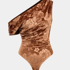 Floral Print Velvet Asymmetrical Bodysuit