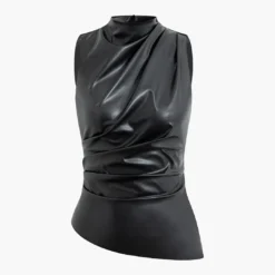 Asymmetrical Hem Faux Leather Mock Neck Ruched Sleeveless Top