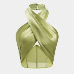 Satin Mesh Ruched Zipper Crossed Backless Tank Top