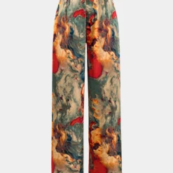 Watercolor Print Satin Fake Pocket Trousers