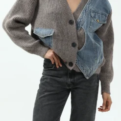 Patchwork Denim Knit Color Block Button Asymmetrical Pocket Cardigan -Women's Clothing Store aa5c6940 0069 4ad4 807a e90dc45d552c