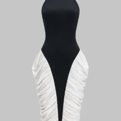 Backless Halter Neck Ruched Sleeveless Midi Dress