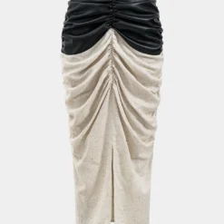 Faux Leather Linen Patchwork Ruched Skirt
