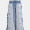 Denim Zipper Frayed Wide Leg Jeans