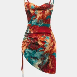 Watercolor Print Satin Ruched Drawstring Slip Mini Dress -Women's Clothing Store ad52a6d7 9e55 4b32 9194 6ac0b0c3c1a8