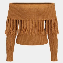 Sweater Fringe Off-Shoulder Top