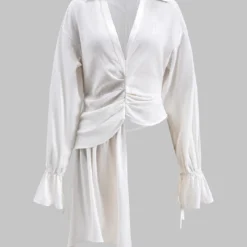 Linen Asymmetrical Ruched Long-Sleeve Shirt -Women's Clothing Store adf2ed71 f37c 442d b2f2 43ec56777a9c