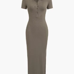 Solid Slit Collar Midi Dress