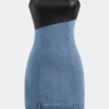Faux Leather Denim Patchwork Zipper Strapless Denim Dress