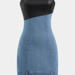 Faux Leather Denim Patchwork Zipper Strapless Denim Dress