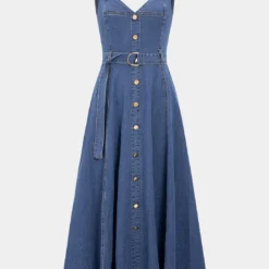 Denim Button Belted Zipper Sleeveless Dress