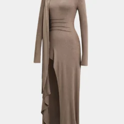 Mock Neck Wrap Ruched Long Sleeve Slit Maxi Dress -Women's Clothing Store b0ea33b4 e2c8 4d8c 82c9 df3fd9cce0b8