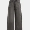 Denim Patchwork Pleated Double Waistband Button Pocket Wide Leg Jeans