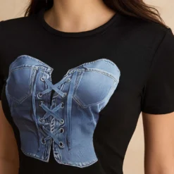 Printed Denim Short Sleeve T-Shirt -Women's Clothing Store b10d4274 04e4 4a33 a287 9a0d607ebcb6