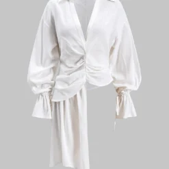 Linen Asymmetrical Ruched Long-Sleeve Shirt