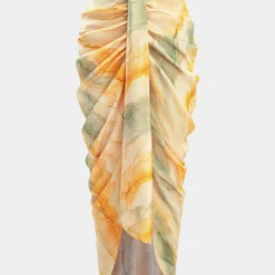 Tie Dye Print Satin High Slit Ruched Skirt