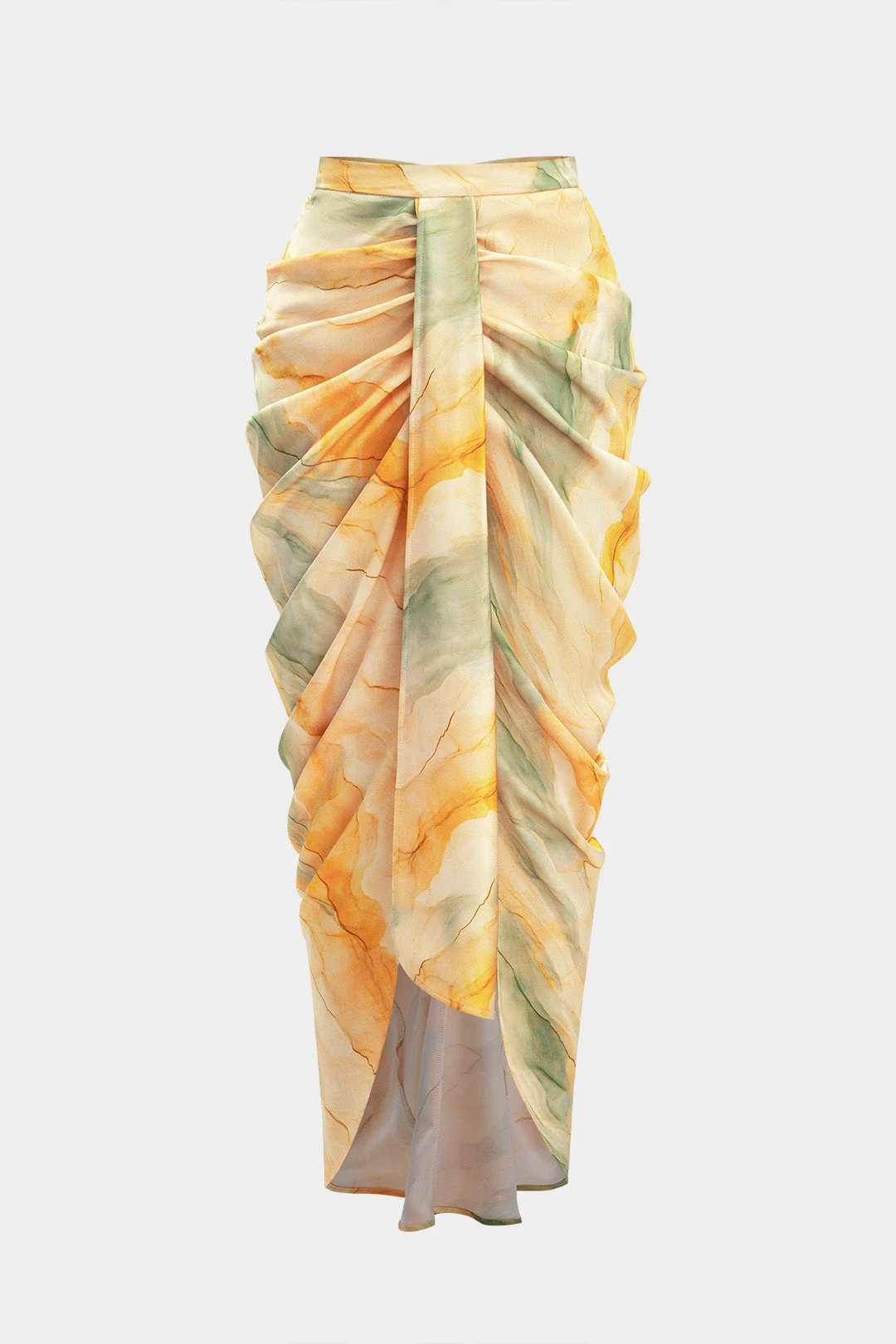Tie Dye Print Satin High Slit Ruched Skirt 1 Tie Dye Print Satin High Slit Ruched Skirt