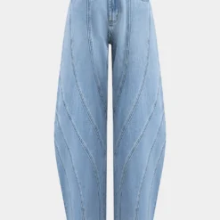 Denim Patchwork Button Pocket Wide Leg Barrel Trousers