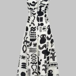 Geometric Retro Print Cut Out V-Neck Tie Back Sleeveless Midi Dress