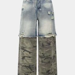 Camo Print Denim Patchwork Button Pocket Jeans