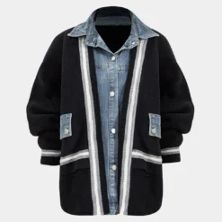 Knit Button Patchwork Denim Long Sleeve Cardigan