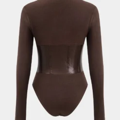 Patchwork Faux Leather Long Sleeve Bodysuit -Women's Clothing Store b5200674 71ff 4df4 b9b2 0de1066308f6