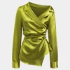 Satin Asymmetrical Ruched Button Long-Sleeve Shirt