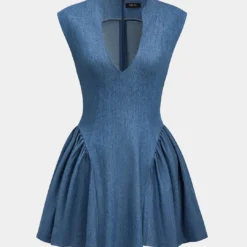 Solid Ruched V-neck Denim Dress