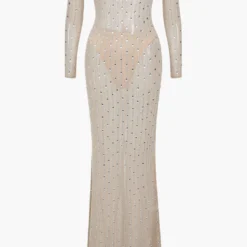 Mesh Zipper Rhinestone Maxi Dress With Gloves