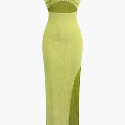Textured Ruched Cut Out Strapless Slit Maxi Dress
