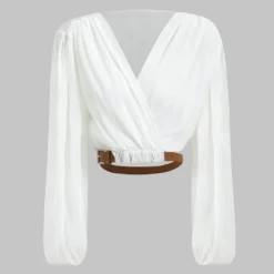 Chiffon V-neck Belted Long-Sleeve Shirt