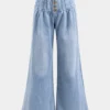 Denim Ruched Button Tie Front Pocket Flared Leg Jeans