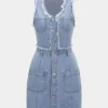Frayed Button Pocket Sleeveless Denim Dress