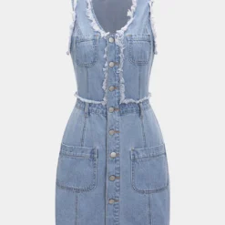 Frayed Button Pocket Sleeveless Denim Dress
