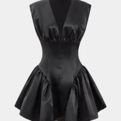 Satin Button Ruched Mini Dress