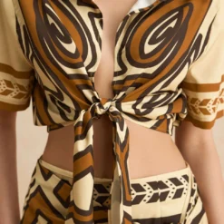 Bohemian Print Tie Front Short-Sleeve Shirt