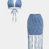 Denim Bra Top And Tie-Up Skirt Set