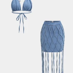 Denim Bra Top And Tie-Up Skirt Set