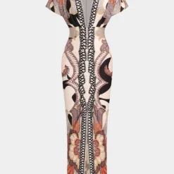 Geometric Leaves Print Ruched Short Sleeve Slit Midi Dress