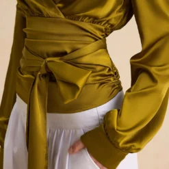 Satin Ruched Tie Front Long-Sleeve Shirt -Women's Clothing Store c31606aa 3fcb 4d8e 8b19 3666ffb09809