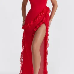 Ruffle Trim Square Neck Slit Sleeveless Maxi Dress