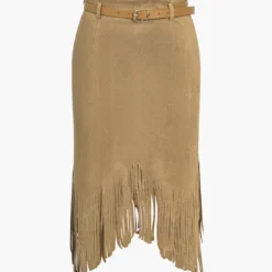 Solid Fringe Belted Zipper Skirt